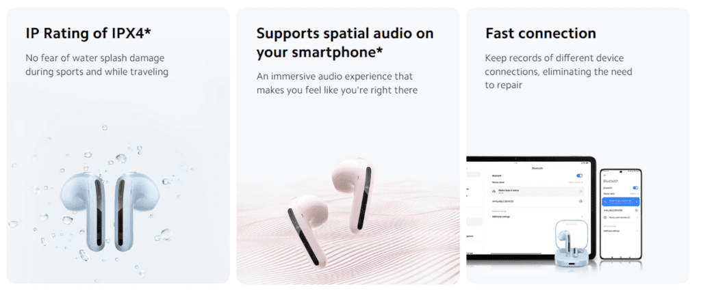 Die Redmi Buds 6 Active bieten ein halboffenes In-Ear-Design, eine lange Akkulaufzeit und verschiedene Klangmodi – ideal für Alltag und Sport.