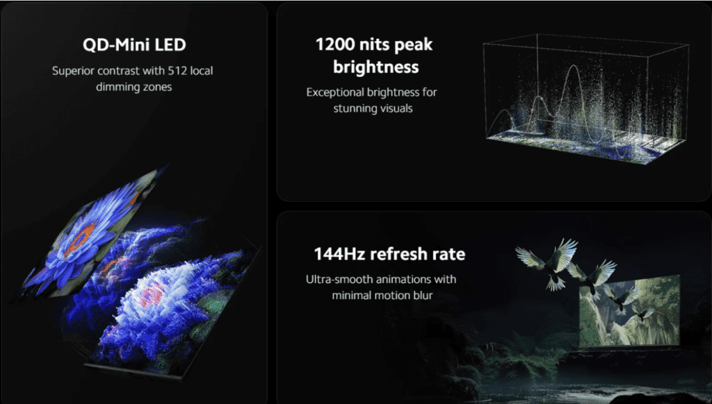 Der Xiaomi TV S Mini LED 75 2025 bietet 1200 Nits Helligkeit, 144Hz Bildwiederholrate und unterstützt Dolby Vision IQ.