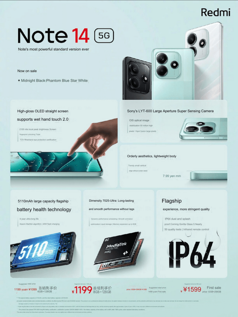 Xiaomi hat das Redmi Note 14 5G mit dem Dimensity 7025-Ultra Prozessor und einem 6,6-Zoll-120-Hz-Display ab 1.099 Yuan veröffentlicht.