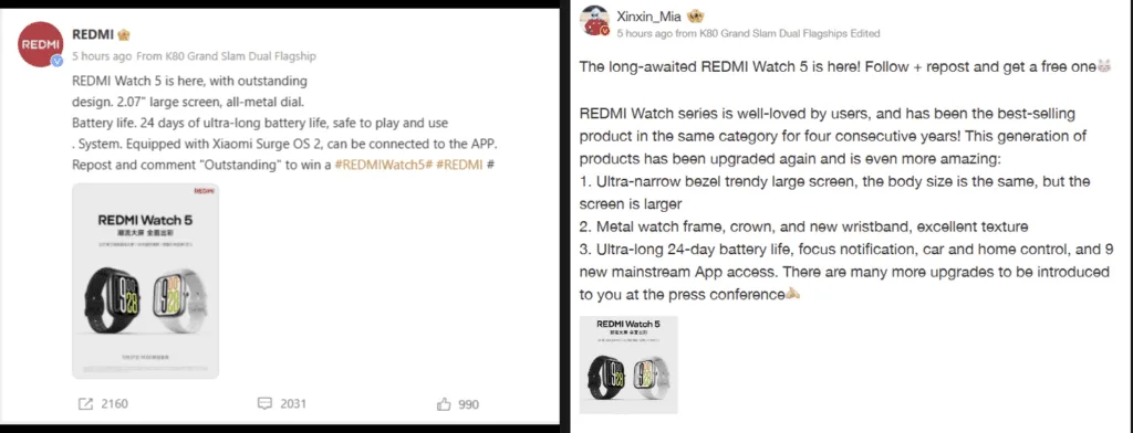 Die Redmi Watch 5 beeindruckt mit 2,07-Zoll-Display, 24 Tagen Akkulaufzeit und smarter Integration ins Xiaomi-Ökosystem.
