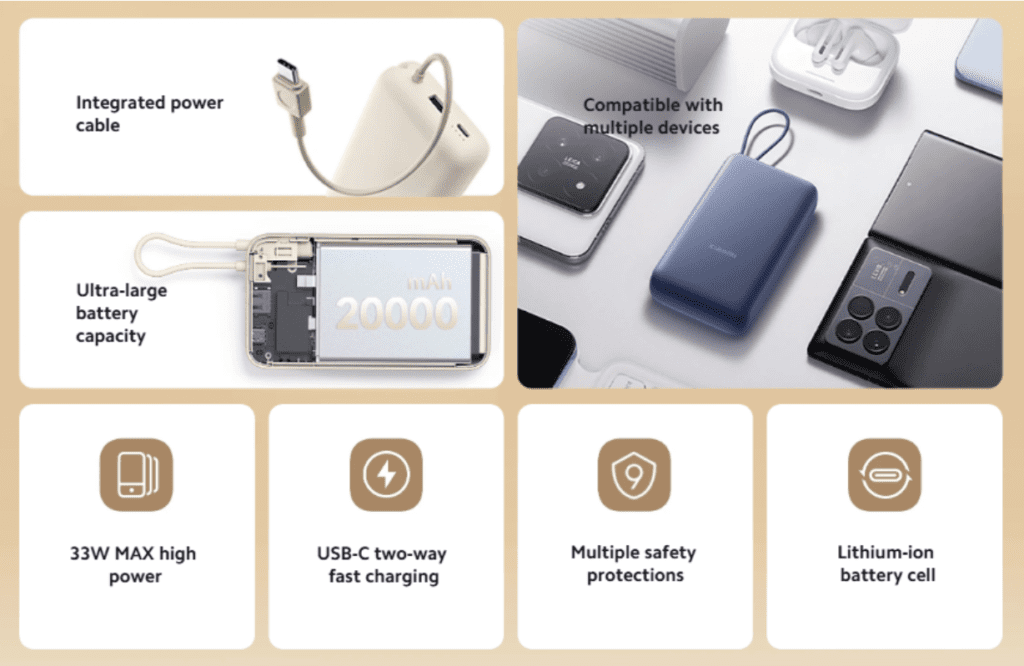 Die Xiaomi 33W Power Bank 20000mAh bietet mit ihrem integrierten Kabel und 33W Schnellladung eine leistungsstarke Lösung.