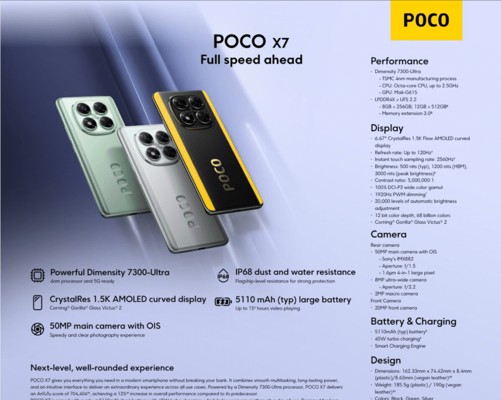 Die POCO X7 Serie steht für hochwertige Smartphones mit erstklassiger Leistung, ideal für Technikliebhaber.

POCO X7 bietet exzellente Spezifikationen, die sowohl im Arbeitsalltag als auch beim Gaming überzeugen.