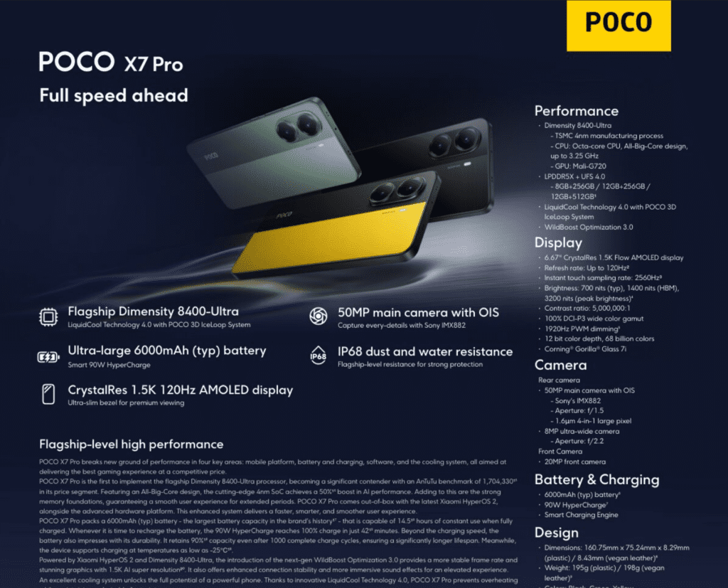 Die POCO X7 Serie steht für hochwertige Smartphones mit erstklassiger Leistung, ideal für Technikliebhaber.

POCO X7 bietet exzellente Spezifikationen, die sowohl im Arbeitsalltag als auch beim Gaming überzeugen.