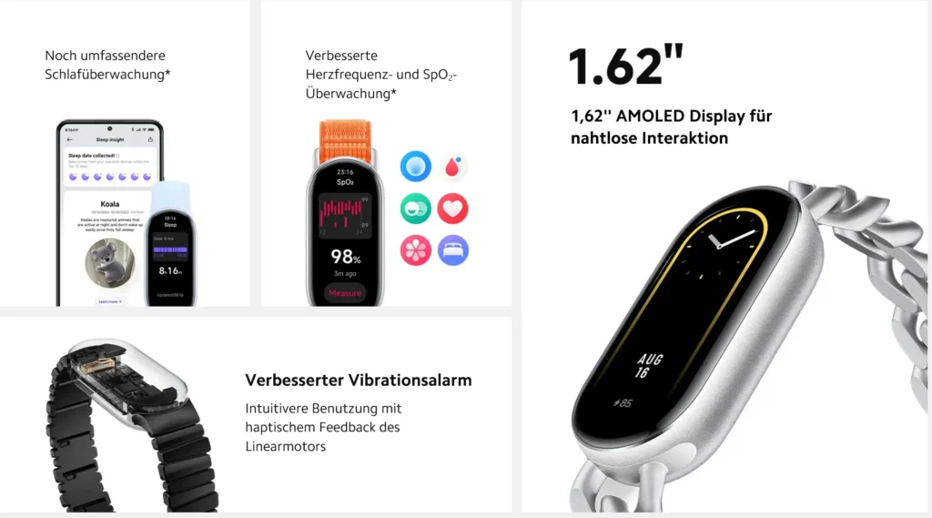 Die Xiaomi Mi Band 9 ist ein vielseitiges Fitnessarmband, das Ihnen hilft, Ihre Gesundheit zu überwachen und Ihr Training zu optimieren. nutzen Xiaomi Mi Band 9